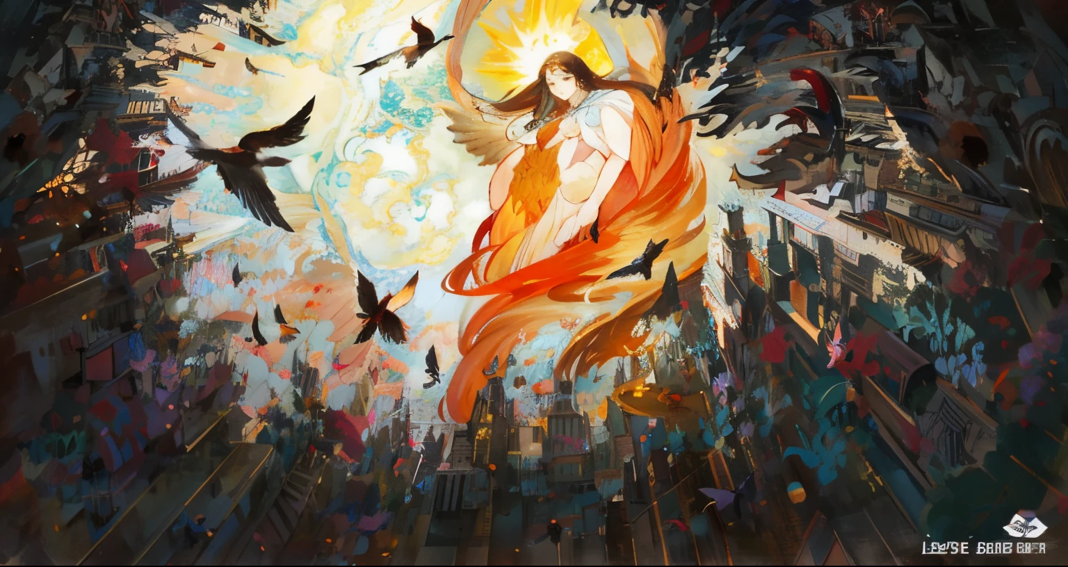 a woman in red dress，Birds fly around her, A beautiful artistic illustration, Beautiful depiction, brittney lee, by Lenny Lee, Botticelli and Victor I, phoenix rising, by Edna Mann, The phoenix is reborn from the ashes, Wings with blazing golden flames, she is approaching heaven, author：Ludvik Konazevsky