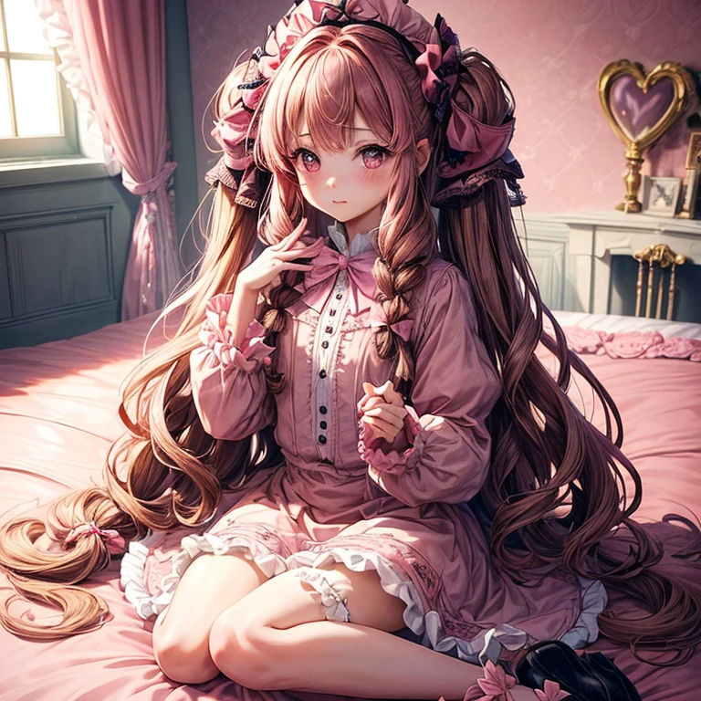 extremely delicate and beautiful girl, intricate detailes, An ultra-fine illustrations, Whole body, Girls Front, Macro shot, Sitting, beautiful detailed fullbody, Petite, 1 girl, Young girls, long light wavy hair, long curly hair, Air bangs, Twin braids, Hair intake, light brown hair, Anime Face, Happy, lovely big eyes, Perfect hands, flat chest, zettai ryouiki, Light brown eyes, with blue ornaments, beret bowknot, Beautiful detailed flowers, Angle Sailor Dress, long boots, Insanely detailed frills, Long top sleeve past the fingers, Wallpaper 8k CG, hyper quality, Very Detailed Masterpiece,(((( Pink Kawaii Room )))),,((((Pink Gothic Room)))),(((Messy room, Marchen ,buttoning,candy,heart item,bow ribbon,star item, Small window))),((Miscellaneous goods are placed in a mess:1.5)),dressers,antimacassar ,