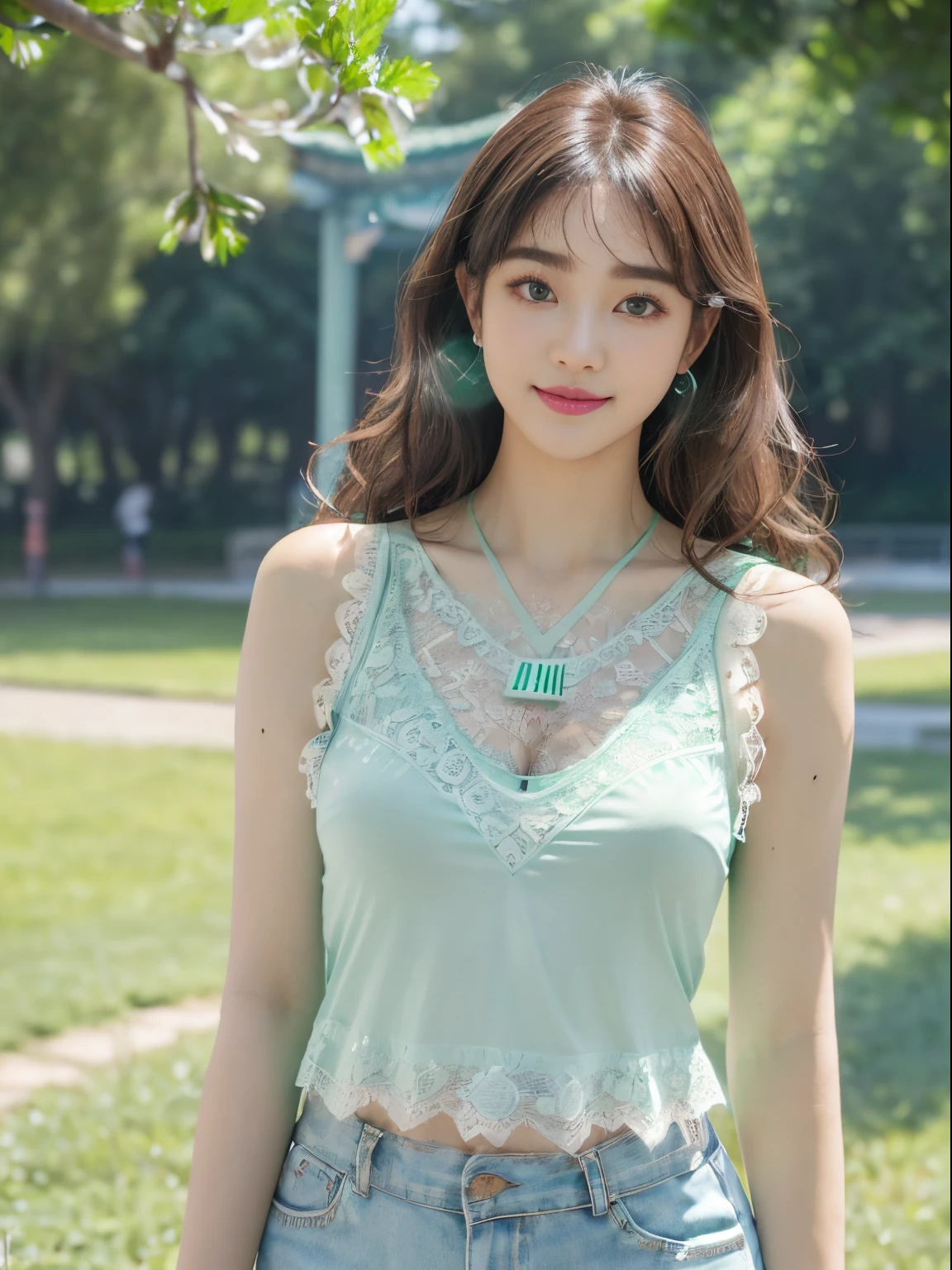 ((((Highest quality))))、(((Ultra-precision CG16K wallpaper)))、(((masterpiece)))、(((Super detailed)))、(((Extreme detail)))、((１Mature 2 woman:1.6))、((Very beautiful Japan face of a person))、((Urizane Face:1.8))、((Medium Straight Hair、blunt bangs:1.6))、(Shiny Hair)、Beautiful face depicted in detail、(Detailed eyes、Shining black eyes)、double eyelid、High nose、Small nostrils、Small Mouth、Seductive lips、Beautiful breasts、((B cup size breasts))、Cleavage、Vertical belly button、Beautiful feet、((Thin thighs))、eight-headed body、Perfect proportions、Perfect Anatomy、Perfect composition、Beautiful detailed shading、Beautiful, natural lighting、Beautiful detail glow、Depth of written boundary、(((High chroma)))、(((Real:1.9)))、((vivid:1.5))、((Beautiful Skin))、((Skin Texture))、((Realな皮膚感))、(((Cowboy Shot:1.6)))、(((front view、shoot from front、front low angle:1.6)))、(((smile:1.6)))、(((looking at camera:1.6)))、Bright daylight、Natural light、(((background_garden、null:1.5)))、(Standing Pose:1.6)、(((Mint green lace tank top&White low rise pleated mini skirt:1.8)))、((necklace、Wearing earrings:1.5))、
