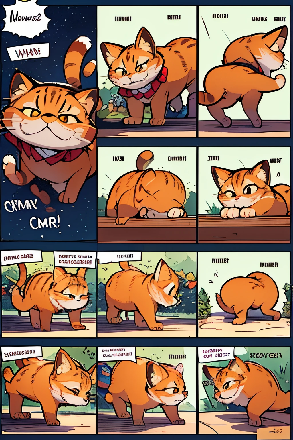 Comic storyboard:1.4, Draw a story about a curious Garfield cat exploring the backyard, hyper HD, Merry Christmas background, 24K Ultra HD.