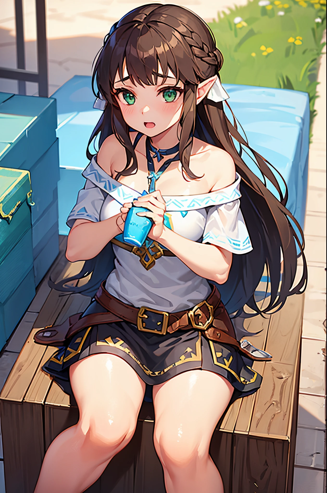 1girl, zelda breath of the wild, cute, dark brown hair, green eyes, long hair
