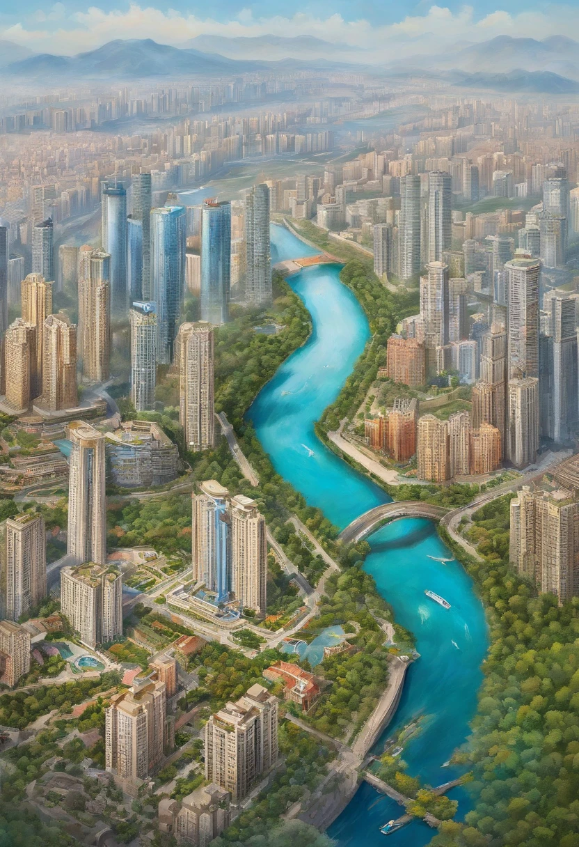Aerial view of city with river and park, Tourist attractions, shenzhen, Wonderful, Dalian, guangjian, 城市, big breasts enchanting, High quality images&quot;, Shangye Park, beautiful surroundings,  Thrilling, A big one, unparalleled views, tmasterpiece&#39;, Urban parks, Stunning shots, a super smart one, super wide shot