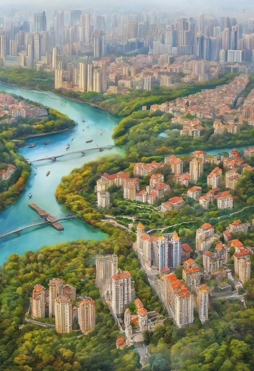Aerial view of city with river and park, Tourist attractions, shenzhen, Wonderful, Dalian, guangjian, 城市, big breasts enchanting, High quality images", Shangye Park, beautiful surroundings, Thrilling, A big one, unparalleled views, tmasterpiece', Urban parks, Stunning shots, a super smart one, super wide shot