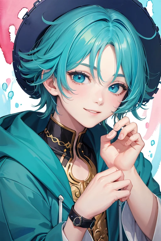 ((1 boy)), 独奏,teal theme,looking at the viewers,portlate,From Side,big blue green hoodie,(Happy smile),Background is magazine cover,piece sign,Solo, Blue-green hair,Blue eyes,Portrait, hands on own face, hands on own cheeks,(Eyes that shine like jewels),(long eyeslashes)、(masterpiece、top-quality、top-quality、Official Art、Beautifully Aesthetic:1.2)、(1 boy:1.3)、ighly detailed、colourfull、highestdetailed、(watercolor paiting:1.3)、Light mixing、Playful patterns、lively texture、Rich colors、unique visual effect
