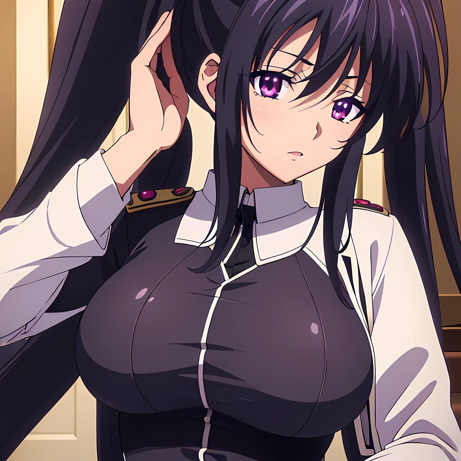 akeno himejima, (beautiful eyes finely detailed, purple eye color, detailed face, black hair, long hair), wearing german military outfit, big breast, (full body:0.6), masterpiece, high-resolution, masterpiece, top-quality, detailed, High resolution illustration.