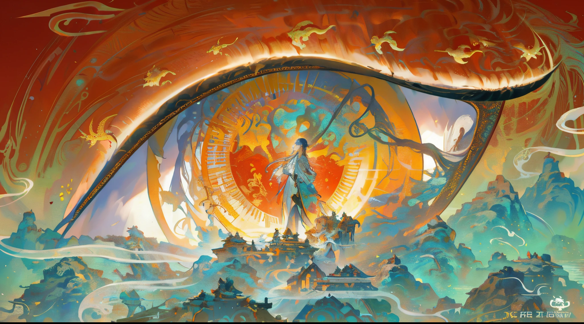 Inspired by Victor Wei, visionary art style, Fantasyart, Highly detailed visual art, Fantasy painting, Cyril Rolando and M. wakaluta, Cyril Rolando and M.wakaluta, Digital Visual Arts, Victor May and Surrealism, solarpunk phoenix, Super detailed visual art,under huge eyeballs,The tears left turned into the ocean,There are humpback whales in the ocean