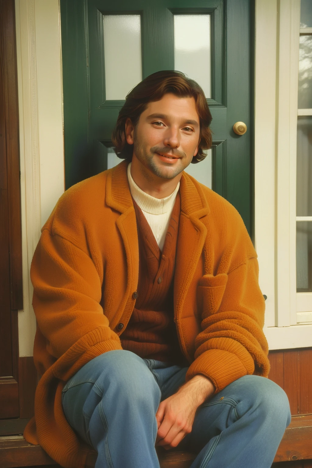 1996, Berkshire County, Massachusetts. Pre-raphaelite ((((47-year-old)) handsome man)), with a stubble, sitting in the front porch, smile, ((happiness expression)), autumn, ((((warm Clothing from the 1990s)))), ((short Hairstyle of the 1990s)), ((Wes Anderson cinematic style)), colorful