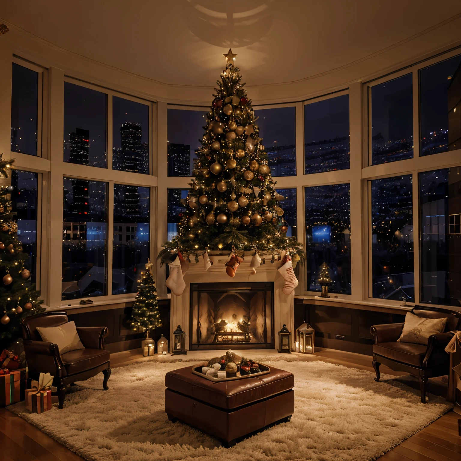 Christmas tree,gifts,fireplace,the night,European style living room with large windows, city views, ultra realistic, 4k