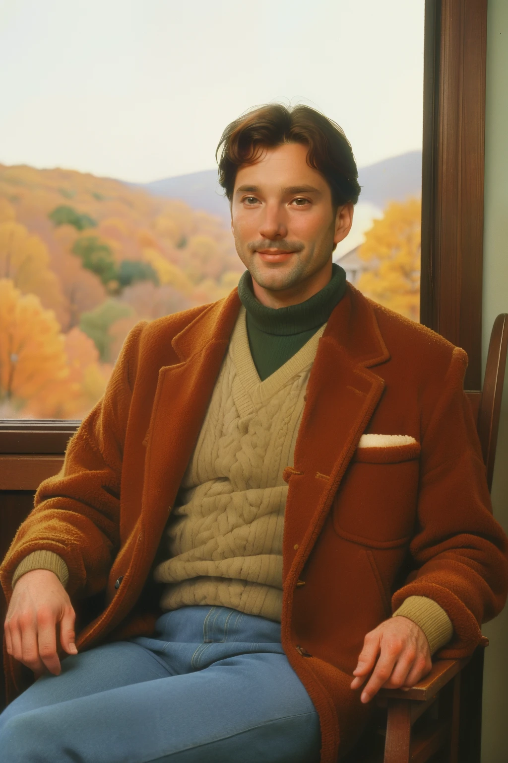 1996, Berkshire County, Massachusetts. Pre-raphaelite ((((47-year-old)) handsome man)), with a stubble, sitting in the front porch, smile, ((happiness expression)), autumn, ((((warm Clothing from the 1990s)))), ((short Hairstyle of the 1990s)), ((Wes Anderson cinematic style)), colorful