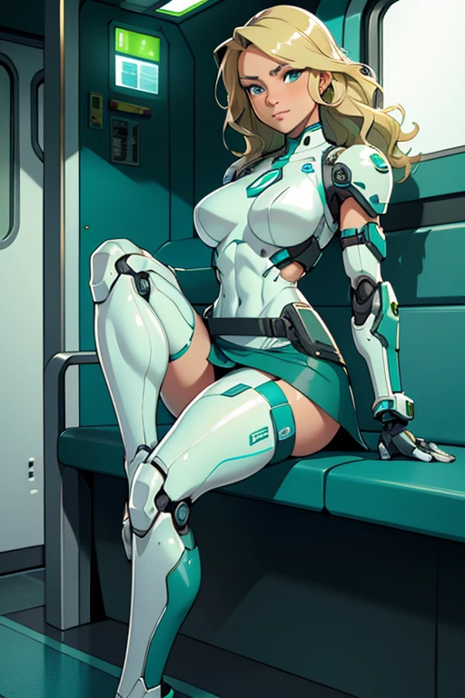A beautiful, young, barefoot cyborg woman, wearing skintight cybernetic technological white, green and teal body armor with a skirt, prosthetic arms and legs , with short blonde wavy hair and a, in a futuristic train, sitting on a seat, happy facial expression.