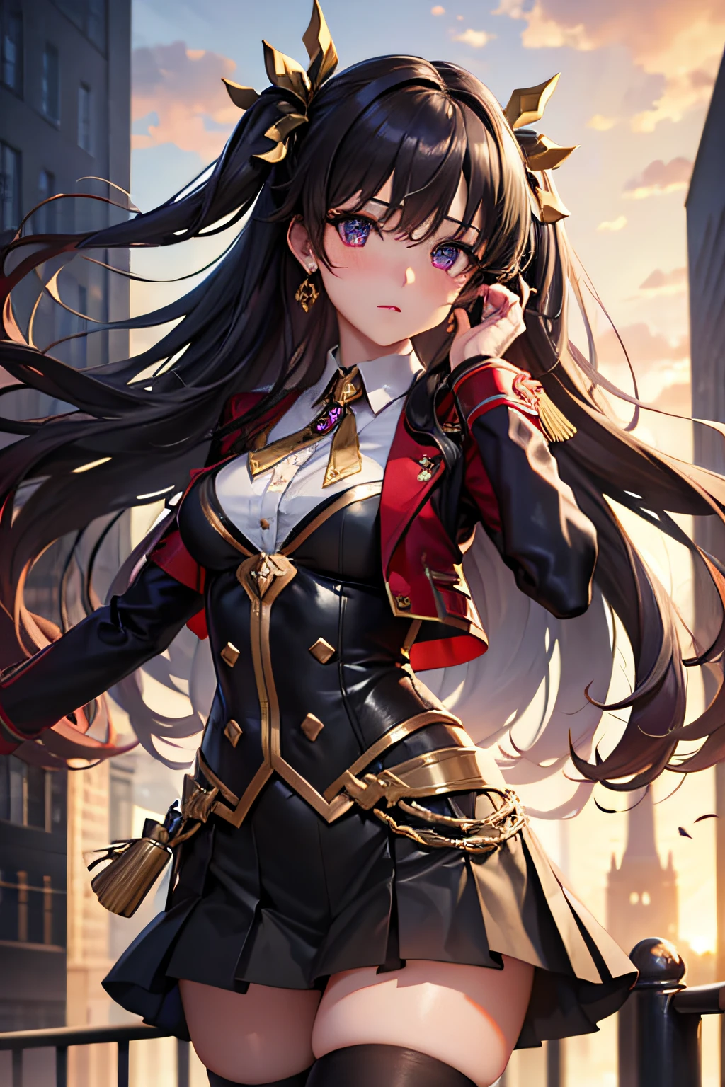 (masterpiece), best quality, high quality, nice body, expressive eyes, perfect face, 1girl, solo, ishtar, ishtar fate, purple eyes, black hair, gold hair ribbon, long hair, twintails hair, ribbon, sidelocks, two side up, black skirt, black thighhighs, Red Jacket with White Shirt, miniskirt, pleated skirt, skirt, thighhighs, jewelry neck, city background, stand, standing, character sheet, upper body, portrait, looking at viewer, face blushing, medium breast
