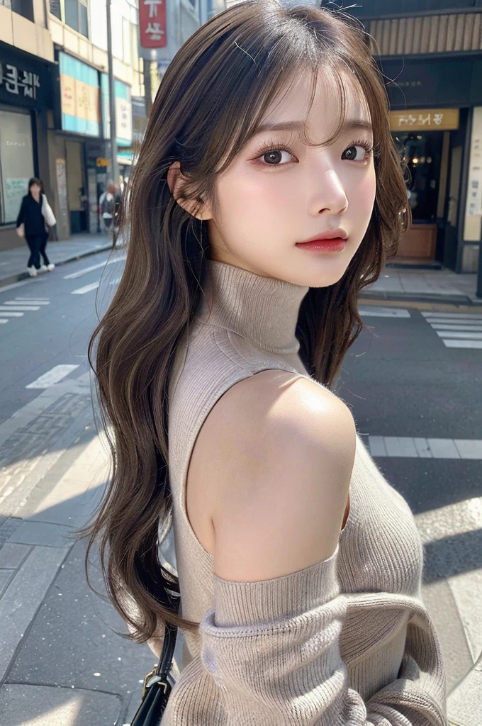 (Colossal tits、Turtleneck sweater、shoulder bags)、(top-quality,masterpiece:1.3,超高分辨率,),(ultra - detailed,Caustics),(真实感:1.4,RAW shooting,)Hyper-realistic capture,A very detailed one,HD 16K human skin、 Natural skin texture、、Skin looks healthy、even skintone、 Use natural light and color,A woman who is,japanes,,kawaii,A brunette one,mid hair,(depth of fields、color difference、、Wide range of lighting、naturalshadow、)、(Hair swaying in the wind:1.2)、Streets of Tokyo