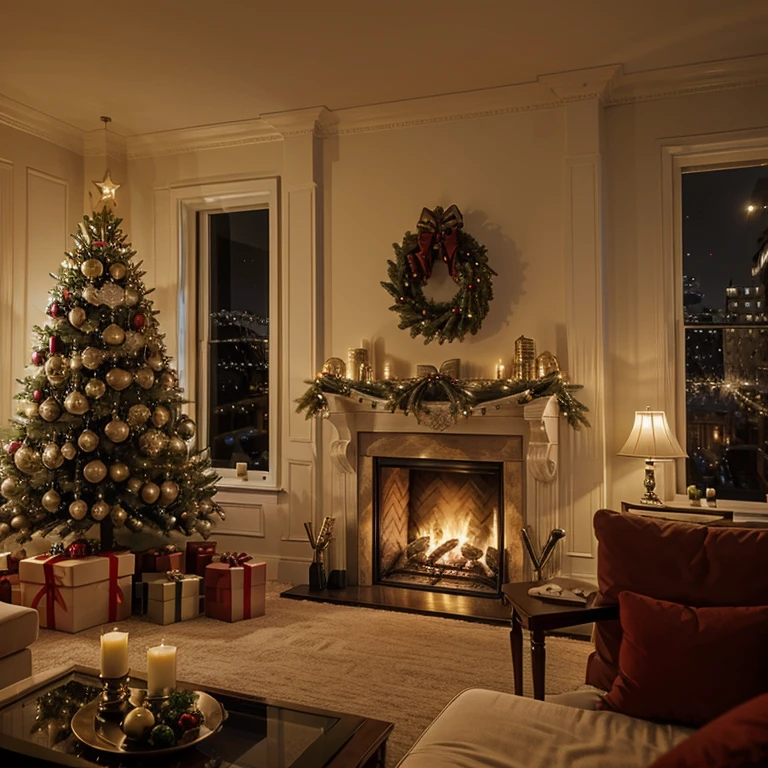 Christmas tree,gifts,fireplace,the night,European style living room with large windows, city views, ultra realistic, 4k