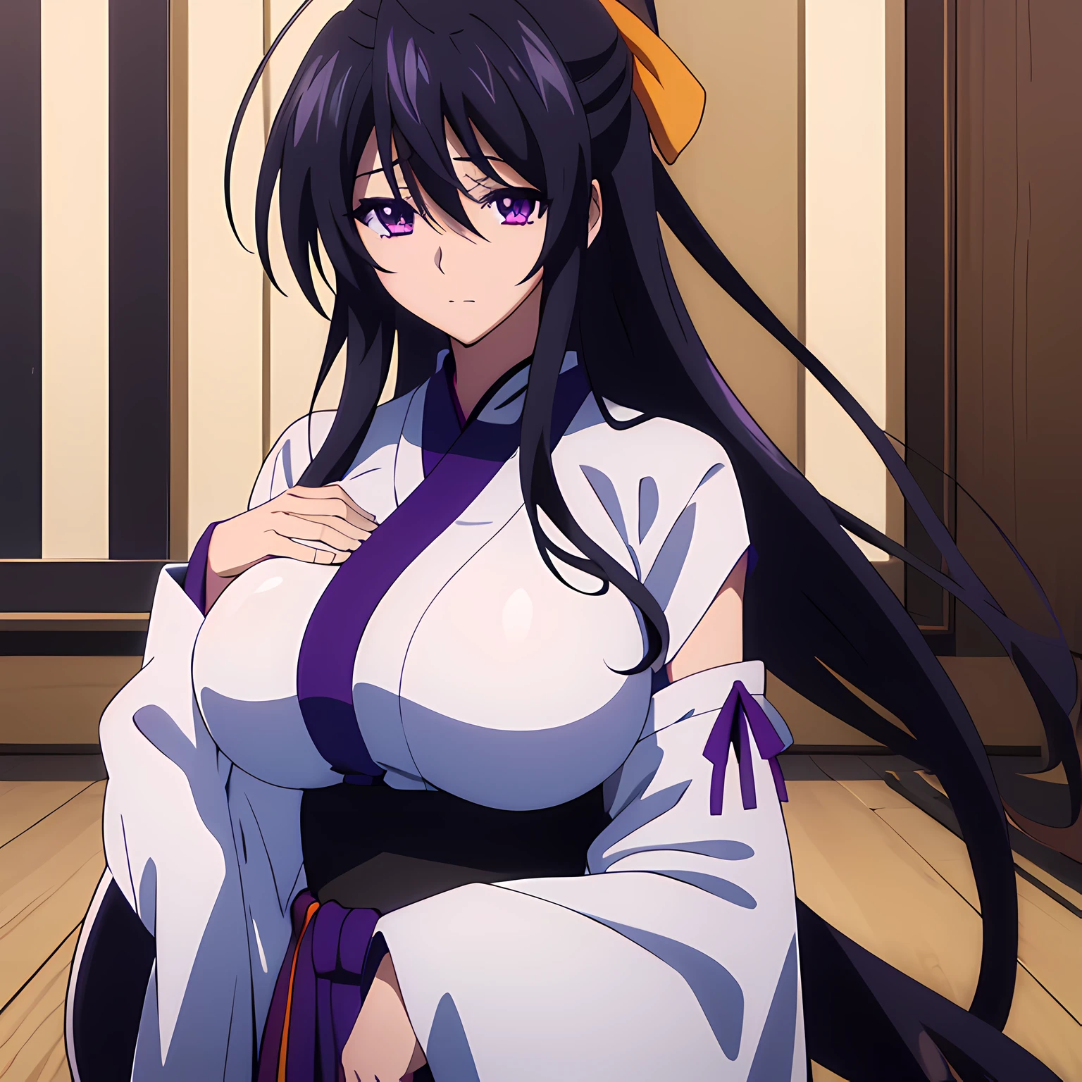 akeno himejima, (beautiful eyes finely detailed, purple eye color, detailed face, black hair, long hair), wearing yae miko outfit, big breast, (full body:0.8), masterpiece, high-resolution, masterpiece, top-quality, detailed, best anime illustration.