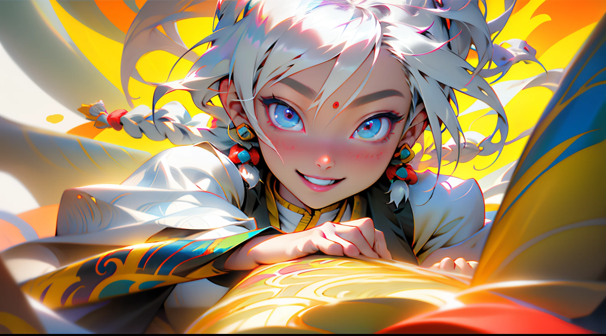 A girl, long braids, Tibetan girl, close-up, slightly raised head, smile, bust photo, upper body, appearance Yang transcendence, gorgeous Tibetan costume, cumbersome Tibetan necklace, cumbersome Tibetan headdress, fluff on clothes, white animal flull, real person CG, sweet style, film style, HD 4K