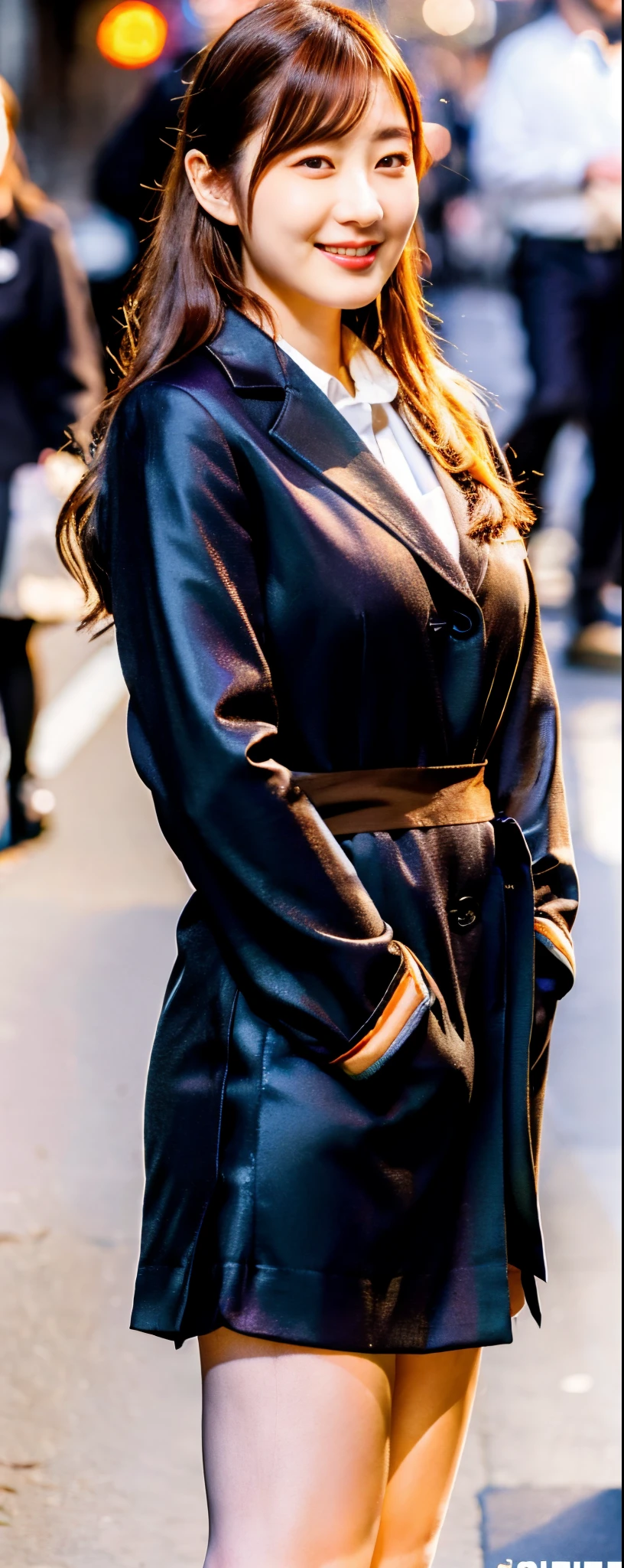 (8k, RAW photos, top quality, masterpiece: 1.2, ultra detailed, super resolution, real photos: 1.37), (Full body photo), 1 noble elegant Japanese lady, (standing contrapposte), ((pale color coodinate amber peach light brown other color, wearing over-size short autumn coat, beige long skirt, inner shirt, black tights, wearing loafers)), Shiny, Smile, Looks like 1.8 meters tall, large pelvis, Large breasts, big cuvy hips, Thin waist, Long legs, skin hyper-detail, 20 years old, Perfect face, (Detailed facial features), Wavy hair, Daylight, autumn season, center of street, crowd of people,