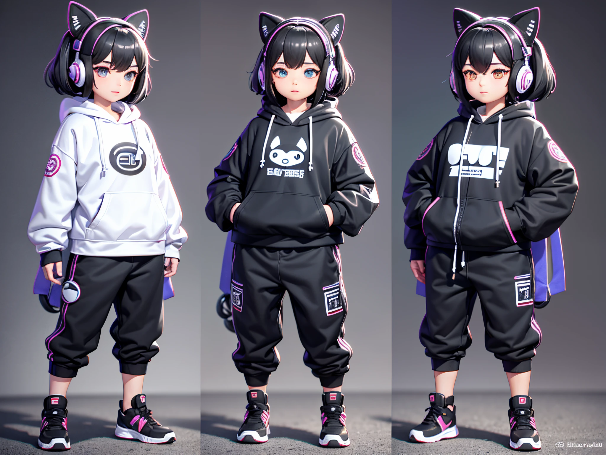 Blind Box Style Girl character, three views, Nice big, bright eyes, full body, chibi,Delicate features,sports hoodie, baggy pants, headphones,Clean background, Natural lighting, 8K, best quality, ultra - detail, 3D, C4D, Blender, OC renderer, ultra HD, 3D rendering, Stand, full frontal —ar 3:4 —niji --auto --s2