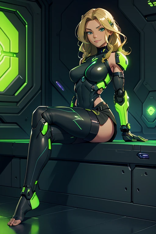 A beautiful, young, barefoot cyborg woman, wearing skintight cybernetic technological black and green body armor with a skirt, prosthetic arms and legs , with short blonde wavy hair, in a futuristic room, sitting on the ground, happy facial expression.