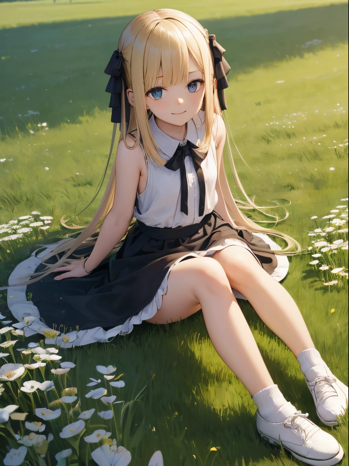 Reines, 1girl, high quality, best quality, illustration, masterpiece, (highly detailed:1.2), (extremely detailed:1.3), flat chest, backless, white sleeveless shirt, 11 years old, petite, loli, in a field, innocent smile, looking at viewer, wearing hat, full body, shoes with white socks