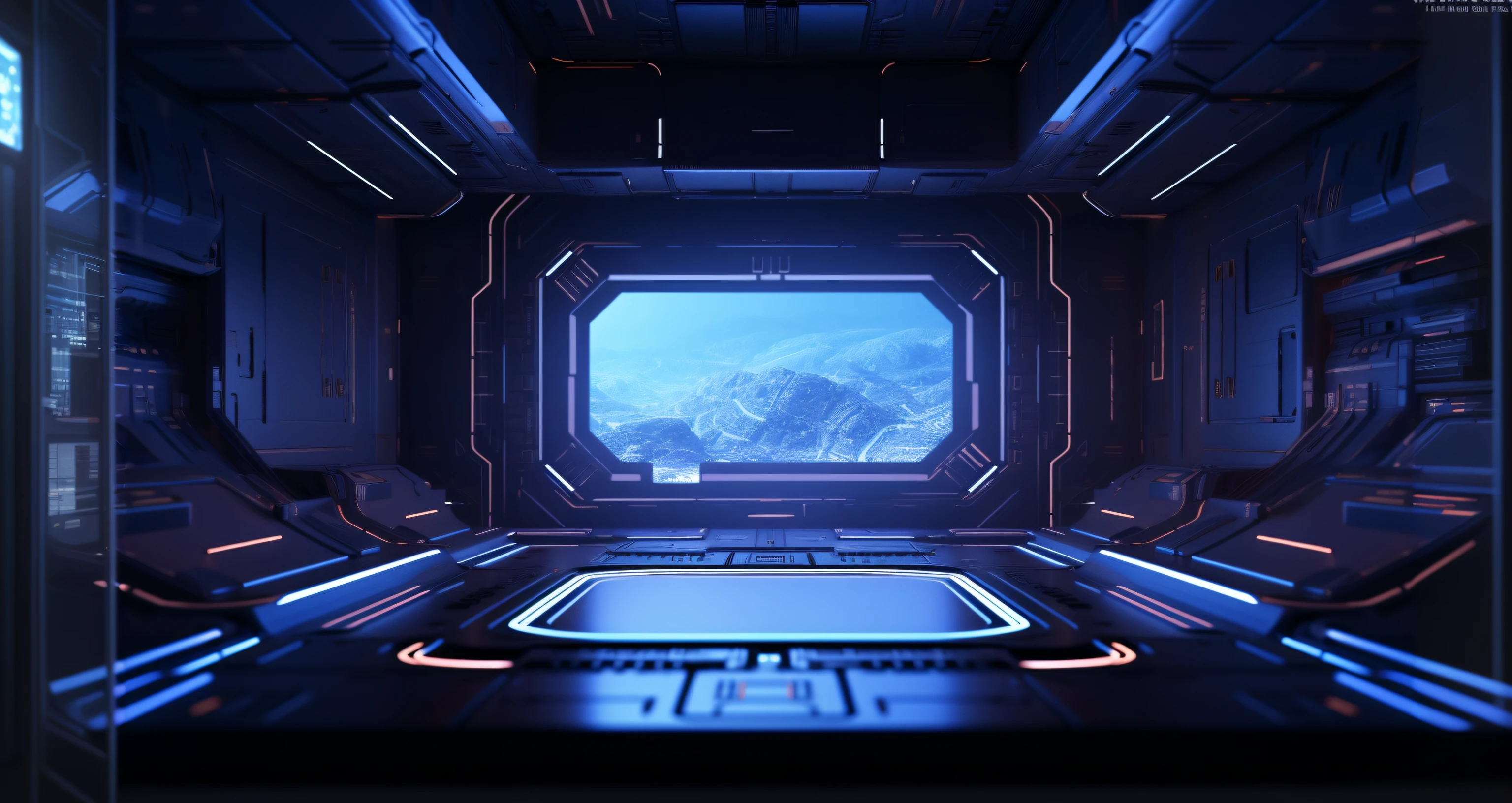 Alafid sees a sci-fi spaceship with windows and mountain views, spaceship window, science fiction scene, Spaceship corridor background, sci - fi setting, science fiction scene, sci fi background, scifi environment, futuristic setting, Sci-fi interior, sci - fi setting, detailed sci - fi backgrounds, futuristic room background, interior of alien spaceship