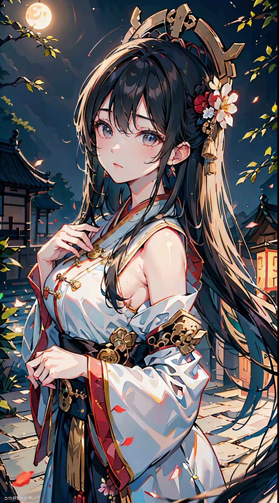 Masterpiece, best quality, 8K, Movie Light, Super High Resolution, Chinese painting, 1 girl, Solo, mid-chest, night, moon, city street, headdress, black hair, hair flower, Chinese art, Hanfu, branch, long hair, belt, upper body, Chinese clothing, jewelry, long sleeves, earrings, flower branch,