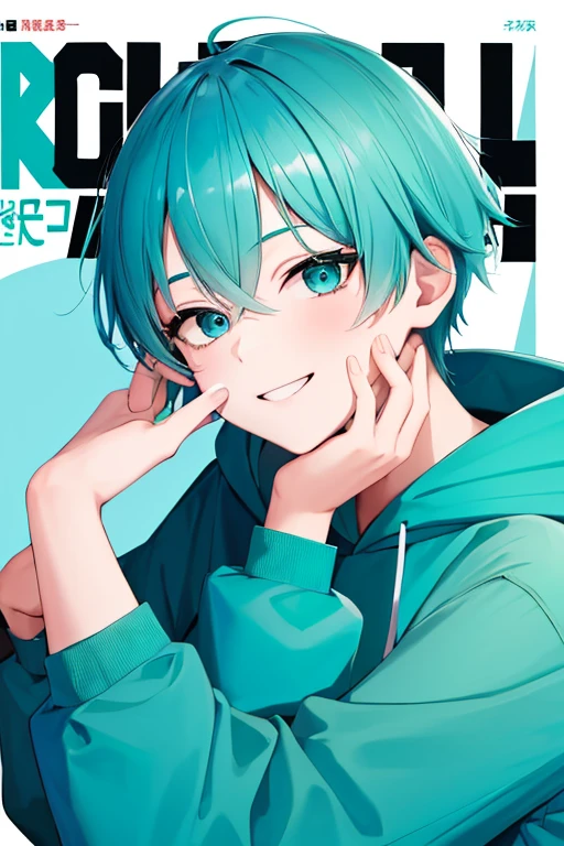 (1 boy), 独奏,teal theme,looking at the viewers,portlate,From Side,big blue green hoodie,(Happy smile),Background is magazine cover,piece sign,Solo, Blue-green hair,Blue eyes,Portrait, hands on own face, hands on own cheeks,(Eyes that shine like jewels),(long eyeslashes)