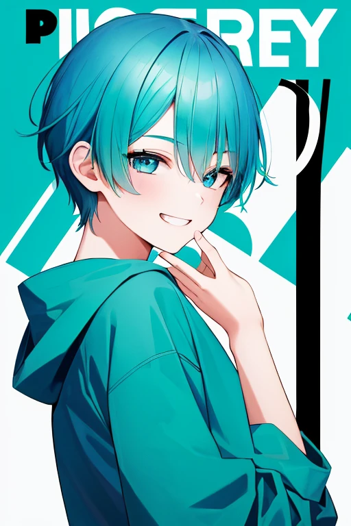 (1 boy), 独奏,teal theme,looking at the viewers,portlate,From Side,big blue green hoodie,(Happy smile),Background is magazine cover,piece sign,Solo, Blue-green hair,Blue eyes,Portrait, hands on own face, hands on own cheeks,(Eyes that shine like jewels),(long eyeslashes)