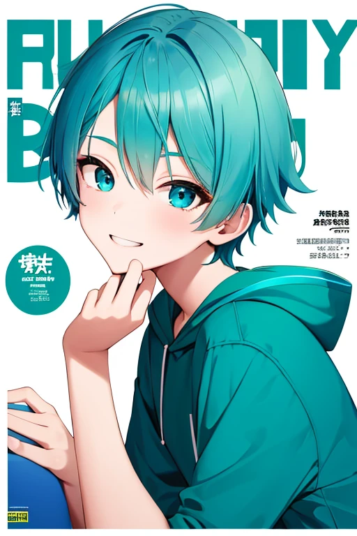 (1 boy), 独奏,teal theme,looking at the viewers,portlate,From Side,big blue green hoodie,(Happy smile),Background is magazine cover,piece sign,Solo, Blue-green hair,Blue eyes,Portrait, hands on own face, hands on own cheeks,(Eyes that shine like jewels),(long eyeslashes)