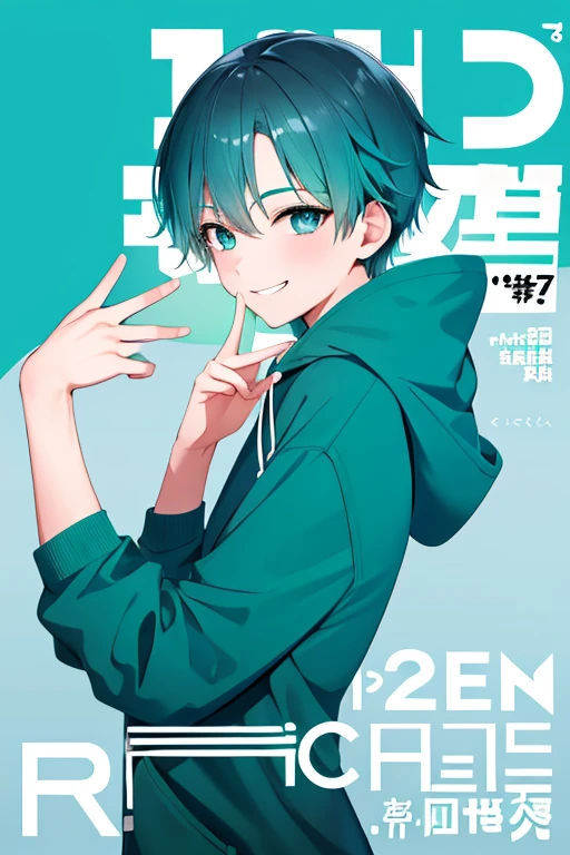 (1 boy), 独奏,teal theme,looking at the viewers,portlate,From Side,big blue green hoodie,(Happy smile),Background is magazine cover,piece sign,Solo, Blue-green hair,Blue eyes,Portrait, hands on own face, hands on own cheeks,(Eyes that shine like jewels),(long eyeslashes)