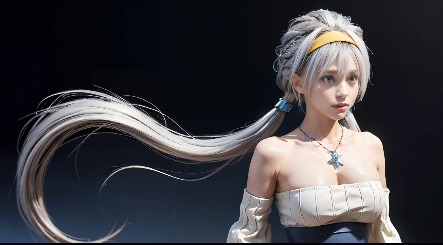 VELZARD, BANGS, BLUE EYES, GREY HAIR, HAIR BETWEEN EYES, LONG HAIR, TWINTAILS, YELLOW HAIRBAND, BARE SHOULDERS, JEWELRY, NECKLACE, DRESS, CLEAVAGE, DETACHED SLEEVES, BLUE SKIRT, 1girl, solo, upper body, facing viewer, looking at viewer, smile,