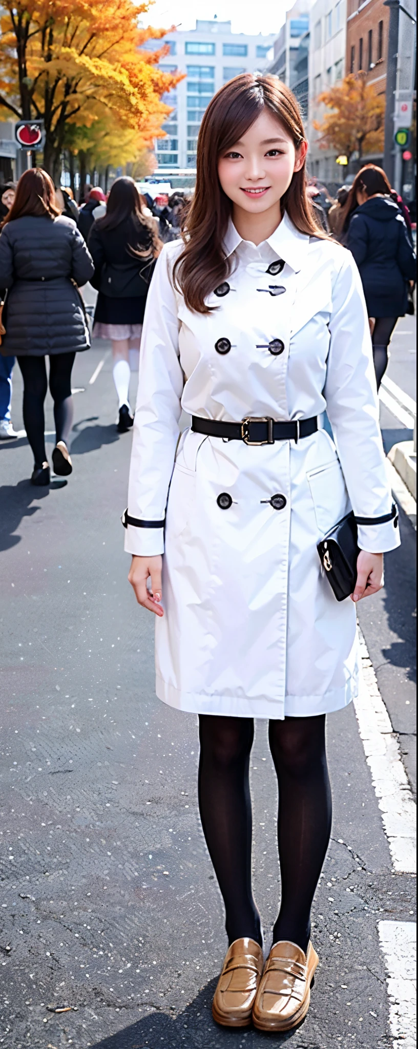 (8k, RAW photos, top quality, masterpiece: 1.2, ultra detailed, super resolution, real photos: 1.37), (Full body photo), 1 noble elegant Japanese lady, (standing contrapposte), ((pale color coodinate amber peach light brown other color, wearing over-size short autumn coat, beige long skirt, inner shirt, black tights, wearing loafers)), Shiny, Smile, Looks like 1.8 meters tall, large pelvis, Large breasts, big cuvy hips, Thin waist, Long legs, skin hyper-detail, 20 years old, Perfect face, (Detailed facial features), Wavy hair, Daylight, autumn season, center of street, crowd of people,