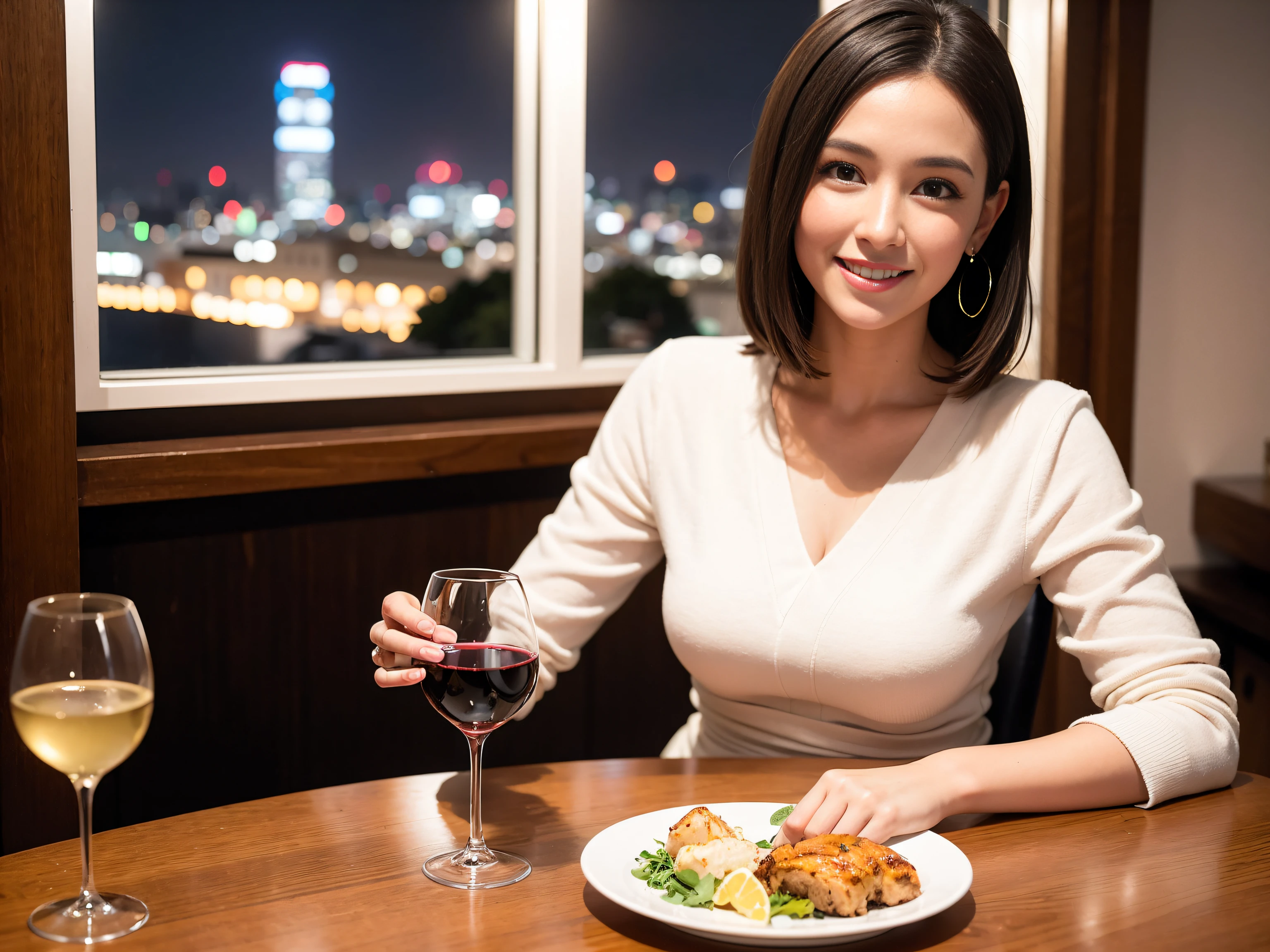 (64K, UHD, top quality, masterpiece: 1.2), (realistic, photorealistic: 1.37), super detailed, pretty woman 1 person, (slim face), (slim body), (brown hair), (short cut), cheeks slightly blushing, (42 years old), 38 years old, solo, beautiful detailed urban night view outside the window, restaurant, wine glasses sit, night, in a prominent place (from the waist up) NovaFrogStyle, Actress, Model, Waist Up, White Wine, Slim, Wine Glass, Super Clean Night View, Wine Glass Put in the Middle, Happy Smile, (Smile: 1.15), Beautiful Fine Eyes, Upper Body, Bust Japan Up, Night, Short, Short, Actress, Model, Waist Up, White Wine, Slim, Wine Glass, Super Clean Night View, Wine Glass Put in the Middle, Happy Smile,