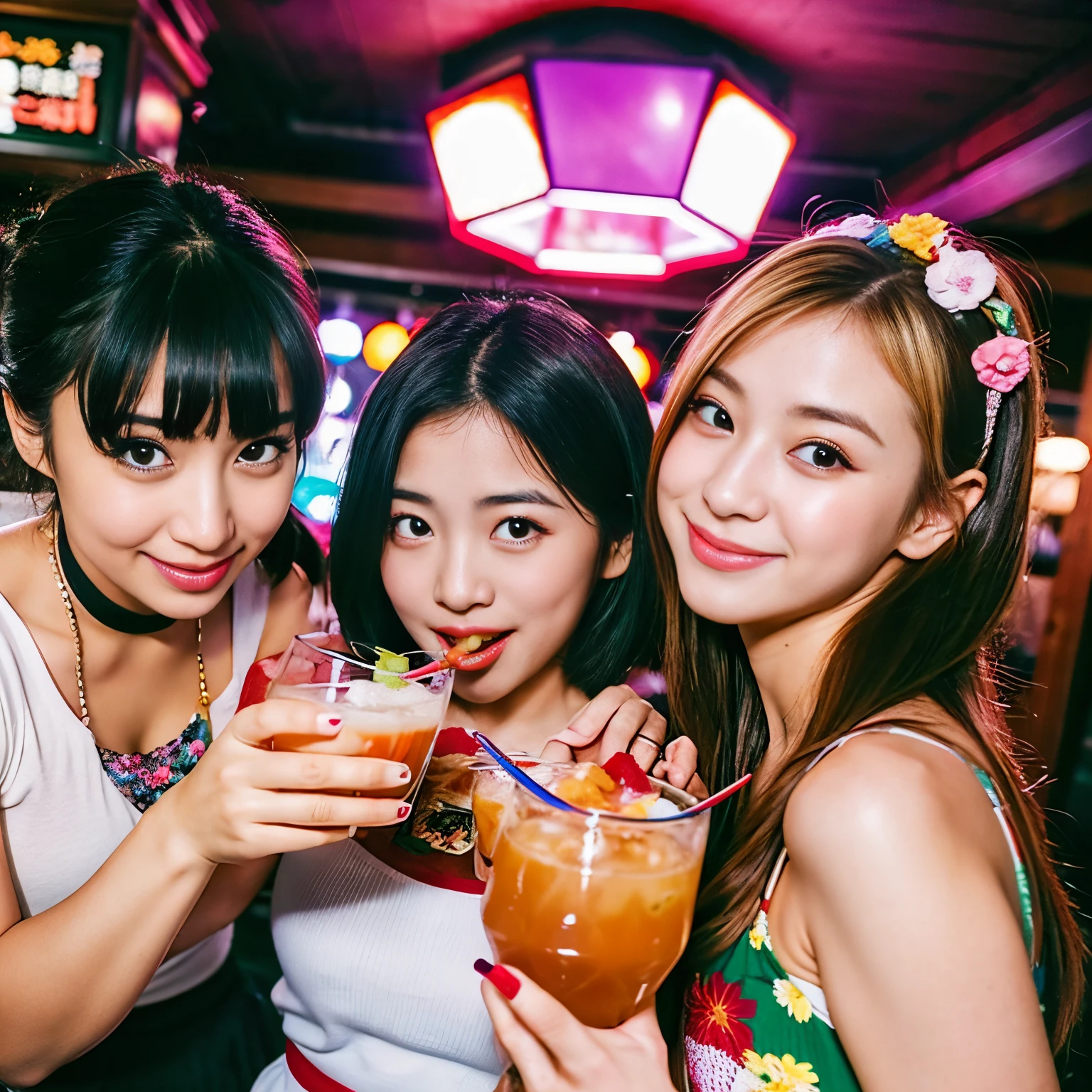 Best-quality, Masterpiece, Ultra-High-Resolution, (Photorealistic:1.4), Raw-Photo, Extremely-Details, 

(((photo of 3-girls having a lot of fun at home drinking party))), 

((They all are members of the most popular Japanese idol-groups and 15-years-old):1.2). They all have extremely cute faces and all extremely beautiful big black solid circle eyes. They all have extremely beautiful hair. ((They all are high on cocaine and wearing clothes with sexy design.):1.3)
