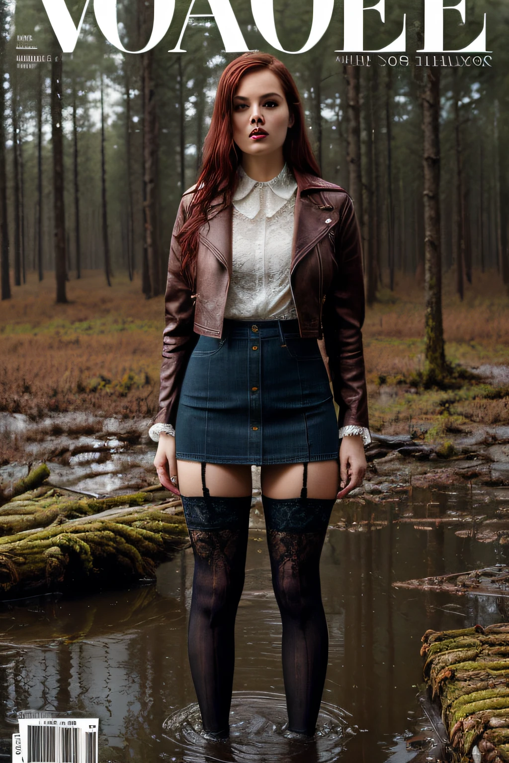 (magazine cover, Attention-grabbing, heading, stylish, font, memorable, heading, big, Sensation), Hyper-realistic, ultradetailed, tmasterpiece. (Gloomy Forest:1.2), An old woman, standingn, (drowning in a bog:1.2). jeans skirt, (lace stockings:1.2), leather jacket, blouse, short coppery red hair, gloomy ecstasy,