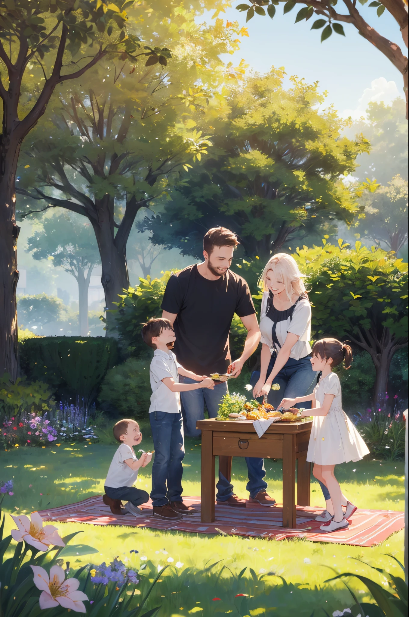(happy family in picnic garden),(Liam as a mother),(Liam and his husband spending quality time together),(couple enjoying outdoors),(Liam&#39;s children are playing and having fun),(Guts as a loving and caring father),(loving husband and wife),(Liam and his son share a fun bond),(happy and harmonious family),(Children&#39;s joyful laughter),(The warmth of family ties),(picturesque garden scene),(bright colors of nature),(The tree々Soft sunlight shining in from between),(Peaceful and serene atmosphere),(Guts and Liam surrounded by blooming flowers),(the smell of freshly cut grass),(Delicious picnic spread with different foods),(the sound of birds chirping),(the feel of the grass under my feet),(Love and happiness radiating from family),(A moment of pure joy and togetherness),(A snapshot of the perfect family outing),(Memories to be cherished forever)