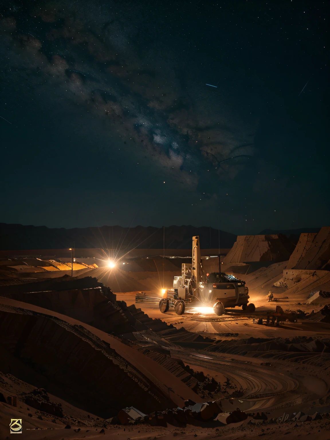 On Mars, a huge, cutting-edge mining excavation machine is at work. Metallic luster texture, mineral conveyor belt, and mining personnel are distributed on the Martian ground. Bright picture, different machines, starry sky, daytime, digging into large mechanical details, super wide angle, bird's eye view, high realism, light and dark