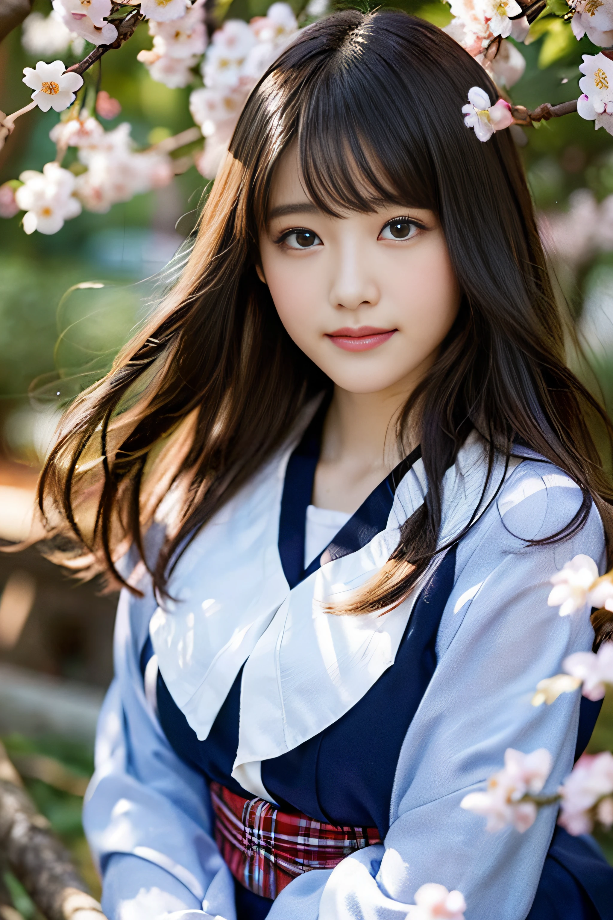 (8K、Raw photography、top-quality、masterpiece:1.2)、(realisitic、Photorealsitic:1.37)、ultra-detailliert、超A high resolution、女の子1人、see the beholder、beautifull detailed face、A smile、Constriction、(Slim waist) :1.3)、Beautiful detailed skin、Skin Texture、Floating hair、Professional Lighting、Whole human body、japanese hight school uniform、a sailor suit、Twin Hairstyles、E-cup、Happy smile、、Red ribbons、a baby face、in wood the Rising Sun々Passing sunshine、Deities々Shikai、Hair fluttering in the wind、the wind、cherry blossom in full bloom、Cherry blossom confetti