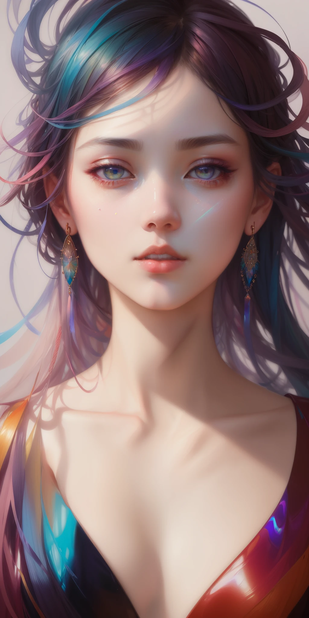 _james jean, floating female figure made of ribbons, smoke, in the sky, colorful and vibrant, mystical colors, contemporary impressionism, yanjun cheng portrait painting, iridescent painting, 3/4 perspective view, cute face, low angle, sweeping circling composition, large beautiful crystal eyes, big irises, UHD, HDR, 8K, (Masterpiece:1. 5), (the most beautiful portrait in the world:1.5)