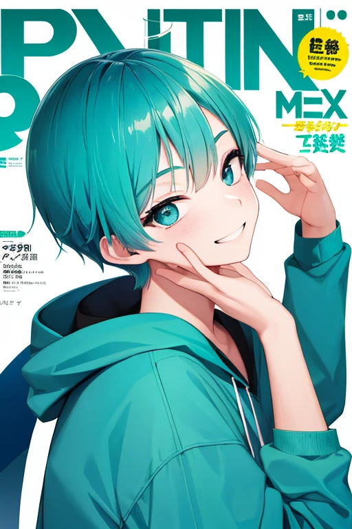 (1 boy), 独奏,teal theme,looking at the viewers,portlate,From Side,big blue green hoodie,(Happy smile),Background is magazine cover,piece sign,Solo, Blue-green hair,Blue eyes,Portrait, hands on own face, hands on own cheeks,(Eyes that shine like jewels),(long eyeslashes)