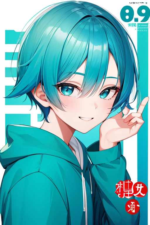 (1 boy), 独奏,teal theme,looking at the viewers,portlate,From Side,big blue green hoodie,(Happy smile),Background is magazine cover,piece sign,Solo, Blue-green hair,Blue eyes,Portrait, hands on own face, hands on own cheeks,(Eyes that shine like jewels),(long eyeslashes)