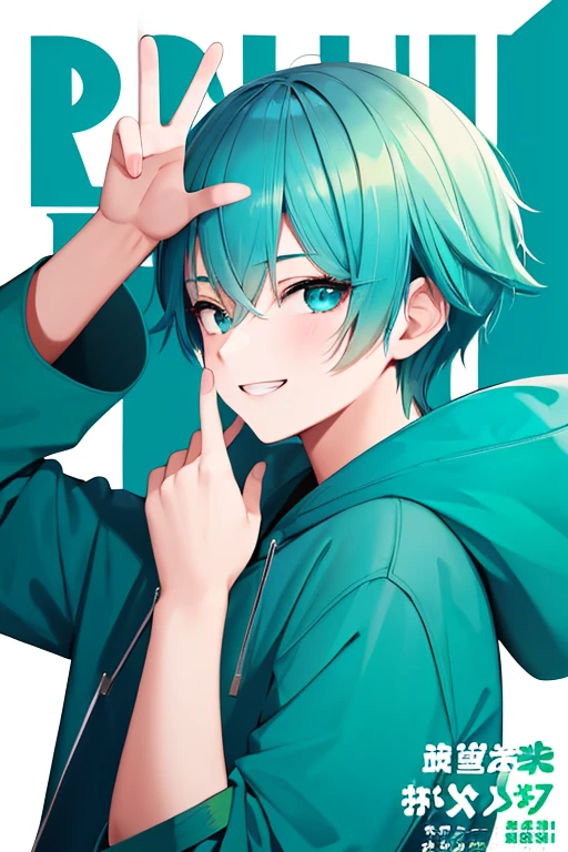 (1 boy), 独奏,teal theme,looking at the viewers,portlate,From Side,big blue green hoodie,(Happy smile),Background is magazine cover,piece sign,Solo, Blue-green hair,Blue eyes,Portrait, hands on own face, hands on own cheeks,(Eyes that shine like jewels),(long eyeslashes)