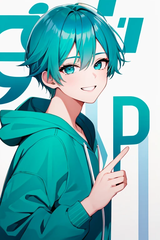 (1 boy), 独奏,teal theme,looking at the viewers,portlate,From Side,big blue green hoodie,(Happy smile),Background is magazine cover,piece sign,Solo, Blue-green hair,Blue eyes,Portrait, hands on own face, hands on own cheeks,(Eyes that shine like jewels),(long eyeslashes)