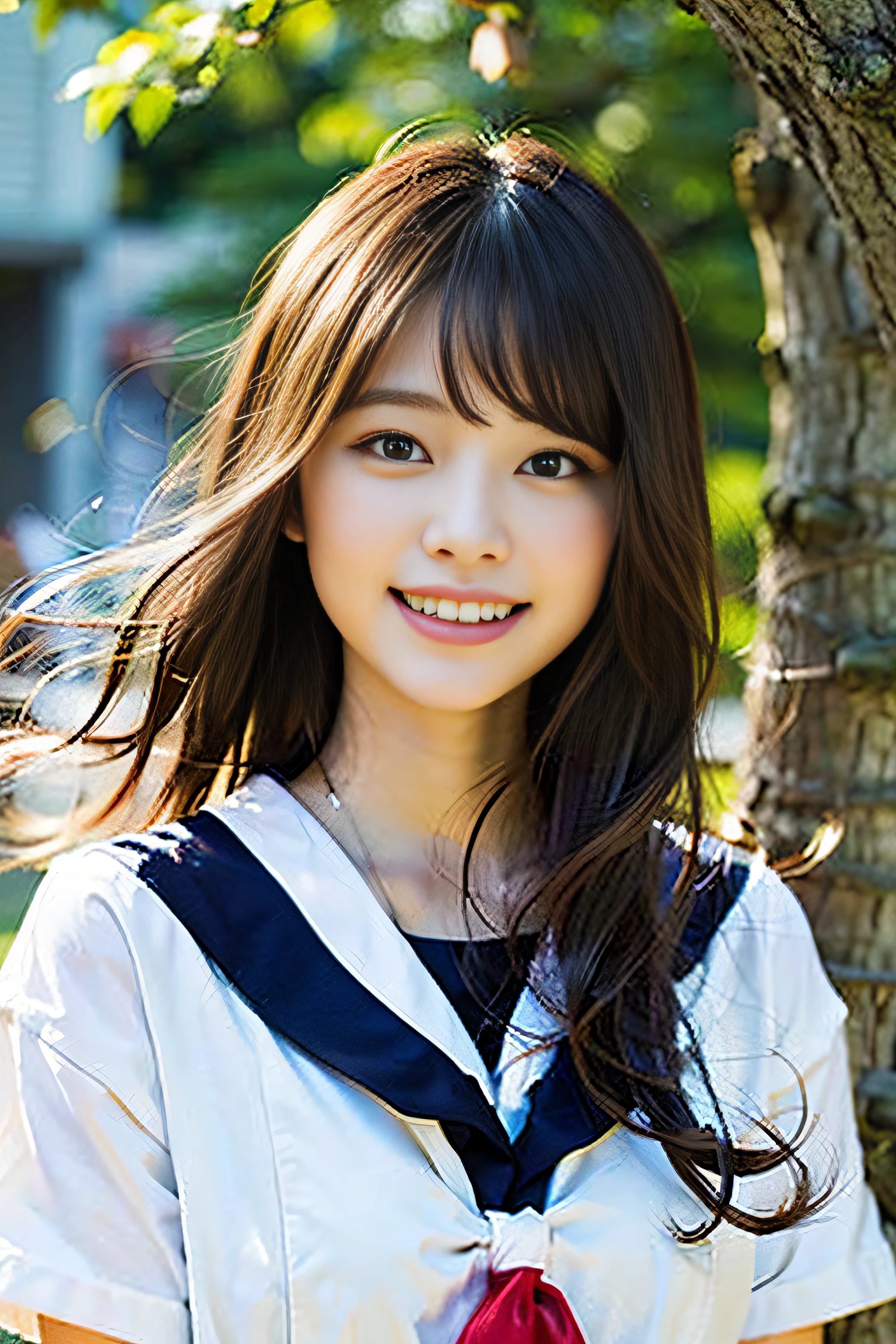 (8K、Raw photography、top-quality、​masterpiece:1.2)、(realisitic、Photorealsitic:1.37)、ultra-detailliert、超A high resolution、女の子1人、see the beholder、beautifull detailed face、A smile、Constriction、(Slim waist) :1.3)、Beautiful detailed skin、Skin Texture、Floating hair、Professional Lighting、Whole human body、japanese hight school uniform、a sailor suit、Twin Hairstyles、E-cup、Happy smile、sixteen years old、Red ribbons、a baby face、in woods、Tree of the Rising Sun々Passing sunshine、Deities々Shikai、Hair fluttering in the wind、the wind、cherry blossom in full bloom、Cherry blossom confetti