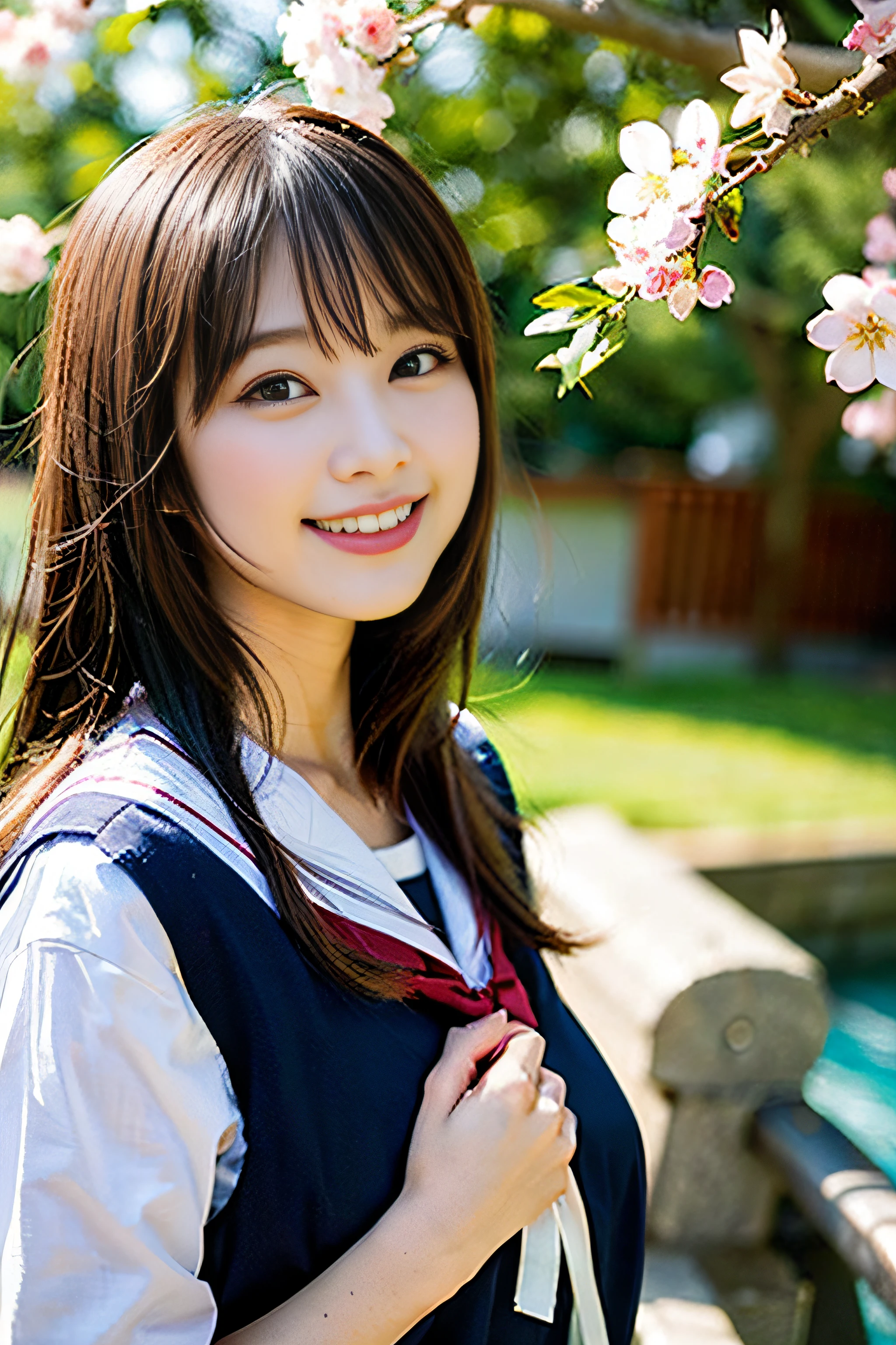 (8K、Raw photography、top-quality、​masterpiece:1.2)、(realisitic、Photorealsitic:1.37)、ultra-detailliert、超A high resolution、女の子1人、see the beholder、beautifull detailed face、A smile、Constriction、(Slim waist) :1.3)、Beautiful detailed skin、Skin Texture、Floating hair、Professional Lighting、Whole human body、japanese hight school uniform、a sailor suit、Twin Hairstyles、E-cup、Happy smile、sixteen years old、Red ribbons、a baby face、in woods、Tree of the Rising Sun々Passing sunshine、Deities々Shikai、Hair fluttering in the wind、the wind、cherry blossom in full bloom、Cherry blossom confetti