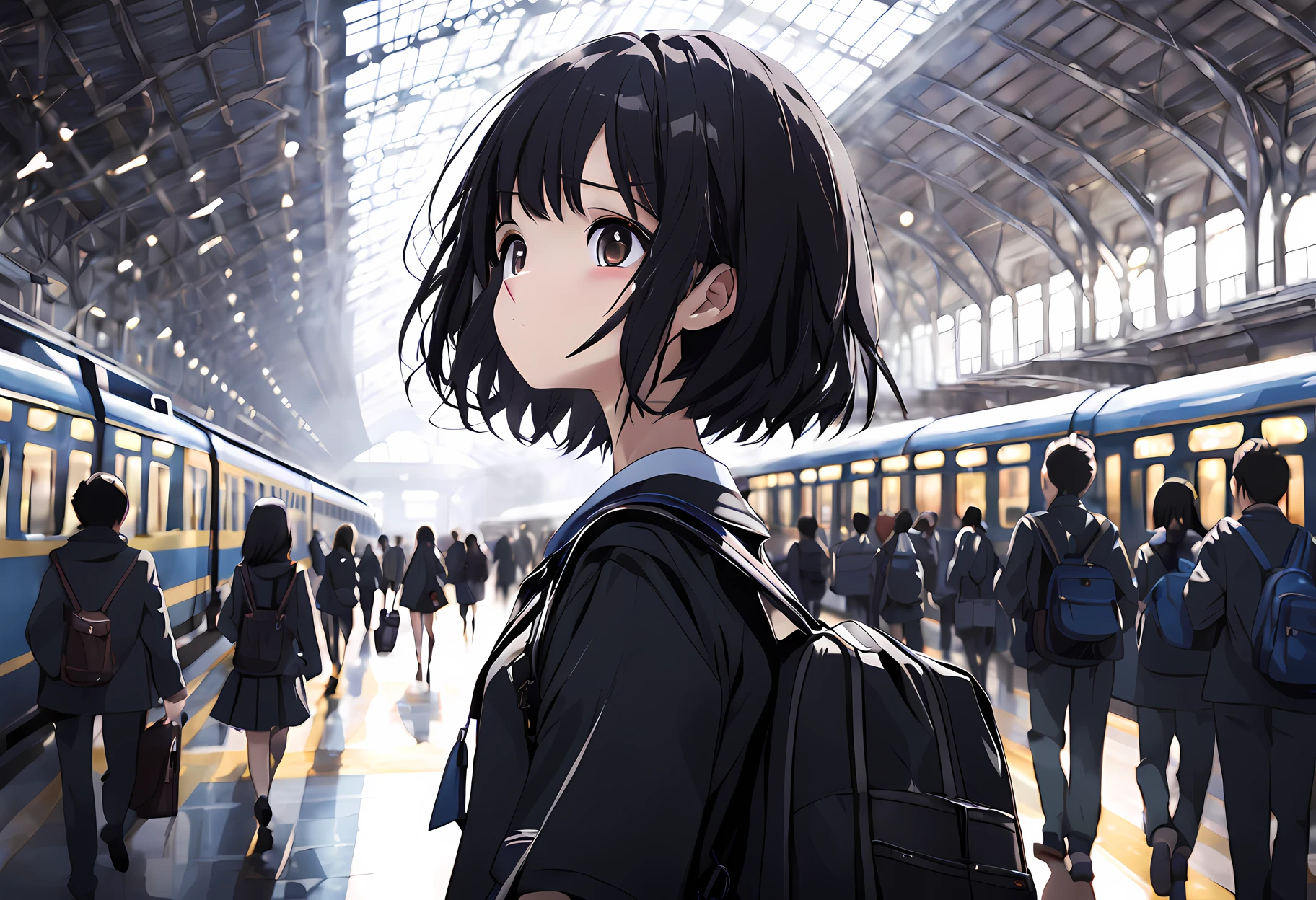 black border,  dynamic angle, masterpiece, best quality, 1girl, solo focus ,school uniform, black hair, upper body,  short hair, serafuku, train station, school bag, crowd,  depth of field