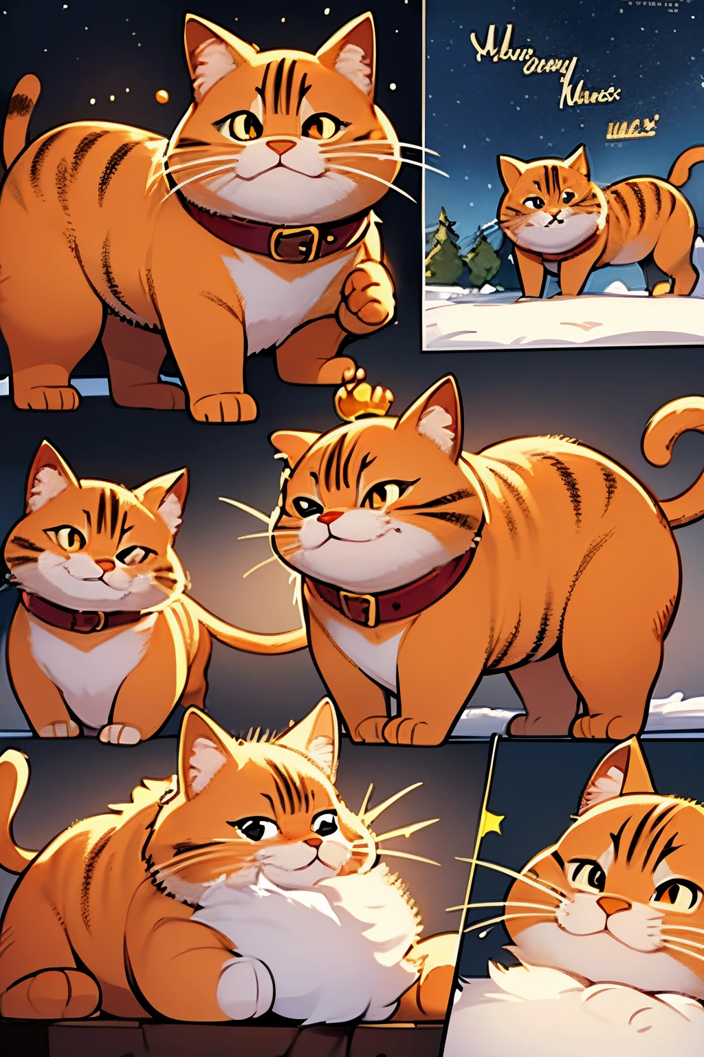 Comic storyboard:1.4, Draw a story about a curious Garfield cat exploring the backyard, hyper HD, Merry Christmas background, 24K Ultra HD.