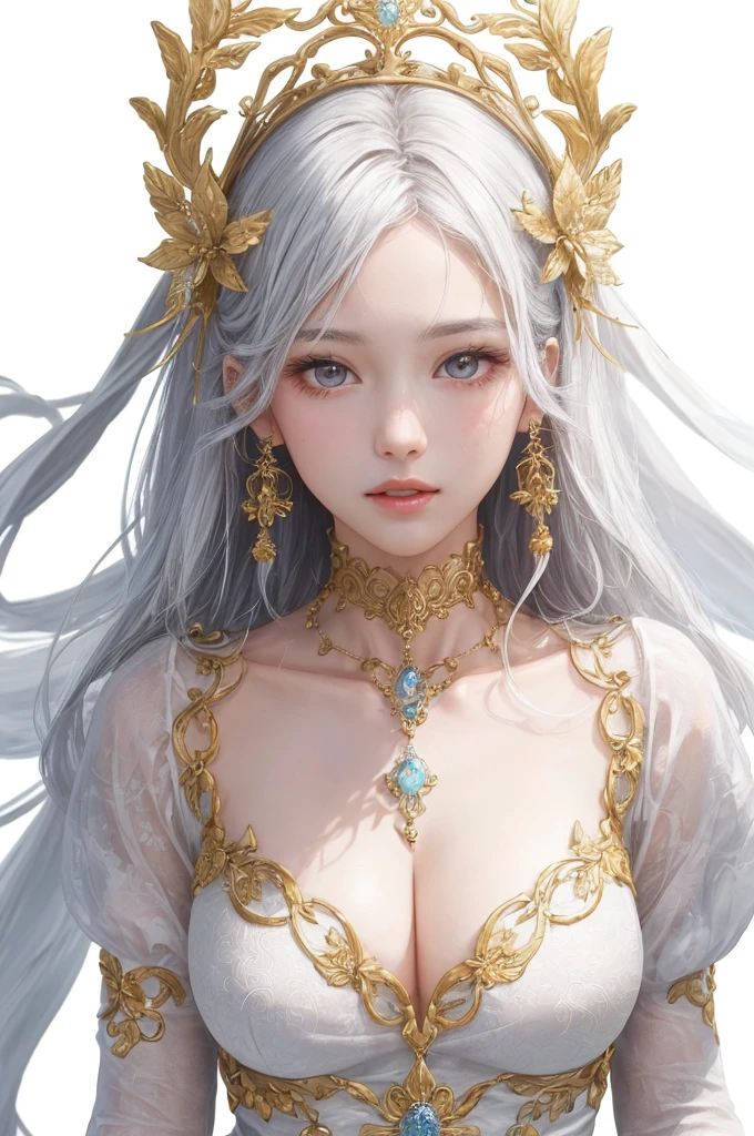 (((full body Esbian)))、Best AI Image Generation Creator、1 beautiful girl、large round eyes、Solo,Realistic,Lips,masutepiece,Best Quality,Good anatomy,Skin Texture、White background、Upper body、Smaller chest、beautiful fantasy queen、beautiful silvery white dress、Elegant pattern from neck to chest、Flowing fabric、Textured Design、gold accent decoration、white hair、Hair reaching down to the waist、Longhaire、Floral hair ornament、jewels shine、look up to、optic、kirakira、White tones
