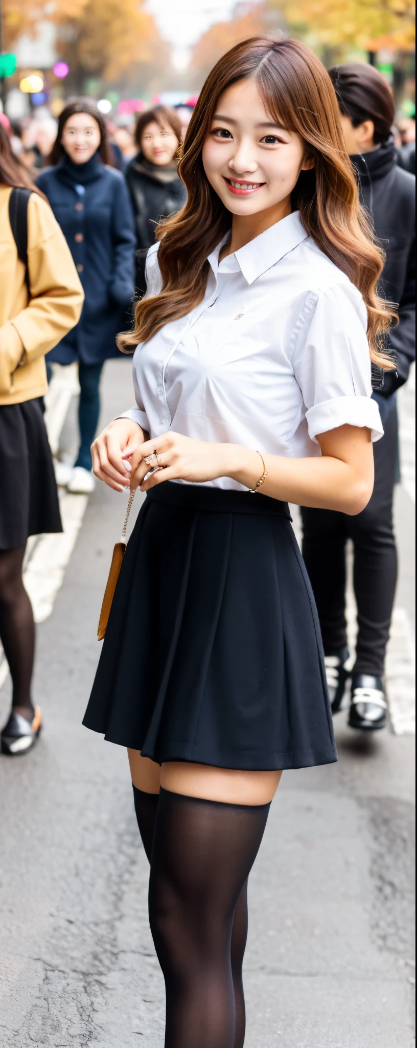(8k, RAW photos, top quality, masterpiece: 1.2, ultra detailed, super resolution, real photos: 1.37), (Full body photo), 1 noble elegant Japanese lady, (standing contrapposte), ((pale color coodinate amber peach light brown other color, wearing over-size short autumn coat, beige long skirt, inner shirt, black tights, wearing loafers)), Shiny, Smile, Looks like 1.8 meters tall, large pelvis, Large breasts, big cuvy hips, Thin waist, Long legs, skin hyper-detail, 20 years old, Perfect face, (Detailed facial features), Wavy hair, Daylight, autumn season, center of street, crowd of people,