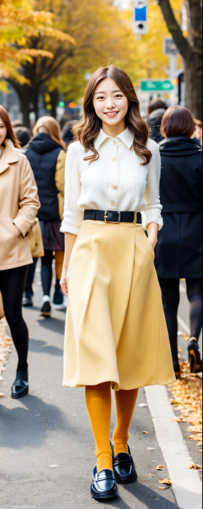 (8k, RAW photos, top quality, masterpiece: 1.2, ultra detailed, super resolution, real photos: 1.37), (Full body photo), 1 noble elegant Japanese lady, (standing contrapposte), ((pale color coodinate amber peach light brown other color, wearing over-size short autumn coat, beige long skirt, inner shirt, black tights, wearing loafers)), Shiny, Smile, Looks like 1.8 meters tall, large pelvis, Large breasts, big cuvy hips, Thin waist, Long legs, skin hyper-detail, 20 years old, Perfect face, (Detailed facial features), Wavy hair, Daylight, autumn season, center of street, crowd of people,