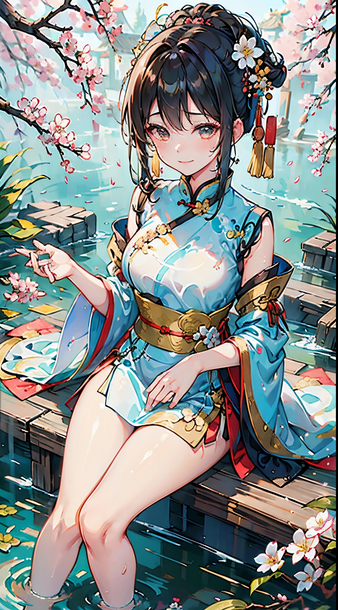 1girl,china_dress,((wash painting)),((ink s...)),print_cheongsam,kind_smile,absurdres,incredibly absurdres,in spring,hanfu,tang style outfits,full_shot,